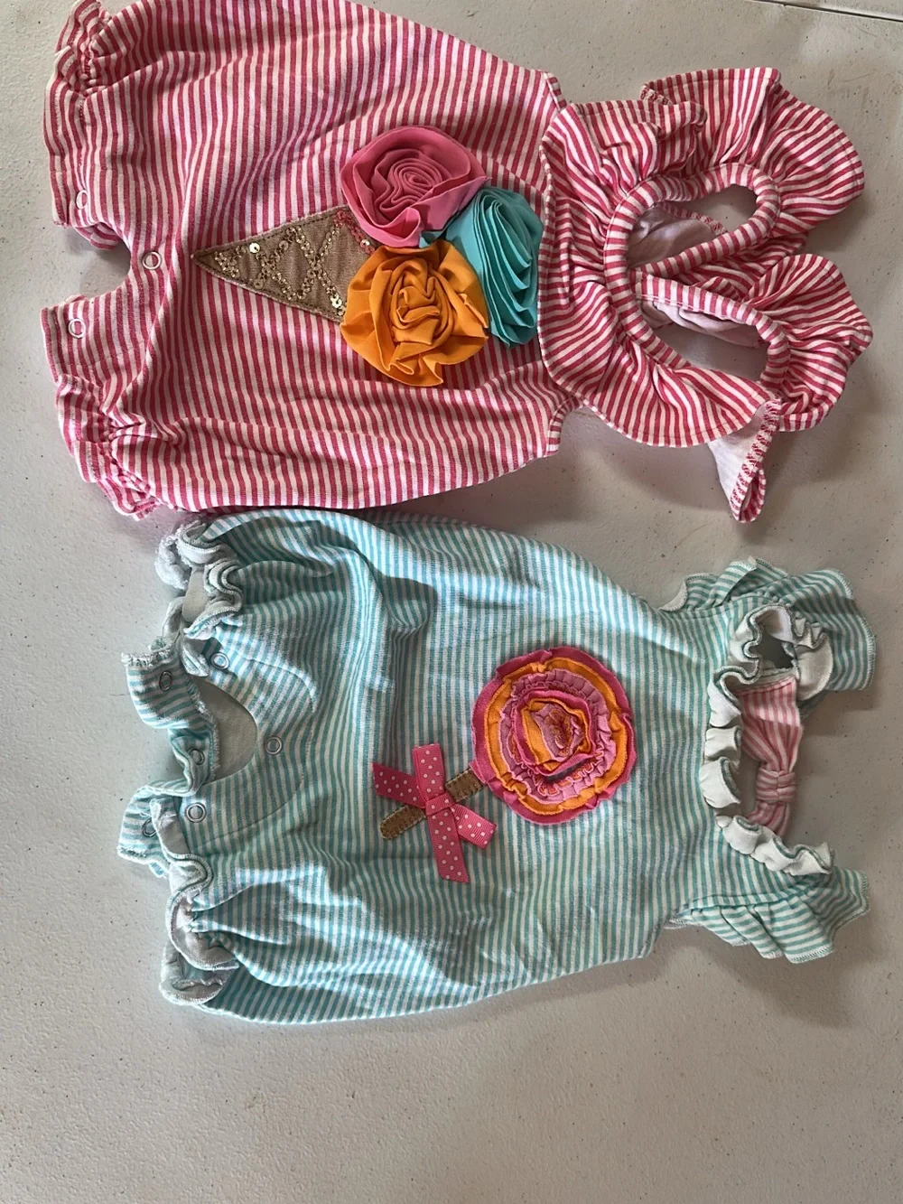 Mud Pie Striped Rompers with Floral Appliqués - Pink & Aqua